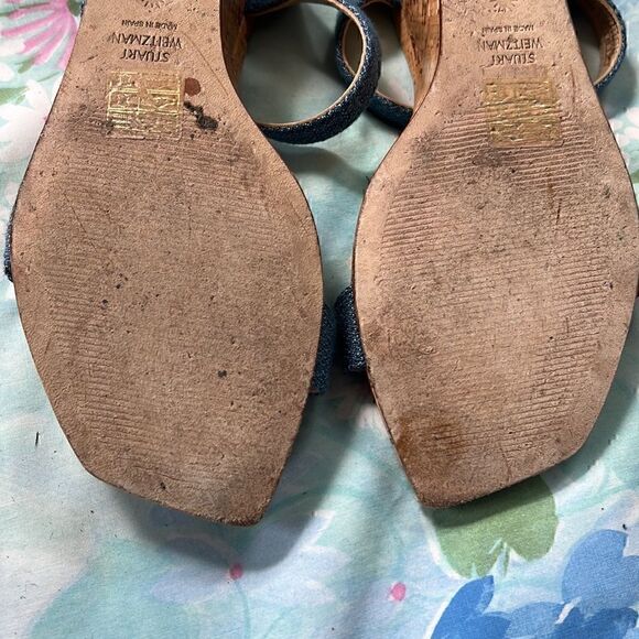 Stuart Weitzman Denim Strap Square Toe Sandals Wedge - Picture 9 of 16